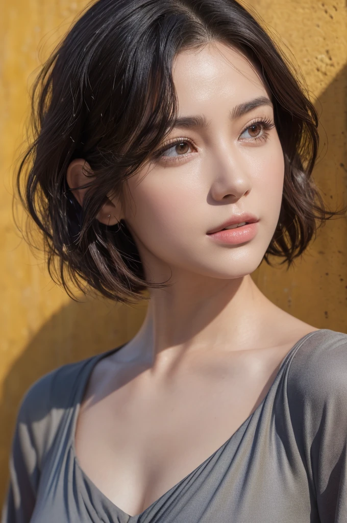 (masterpiece:1.3), (8k, Realistic, RAW Photos, highest quality: 1.4), (One Girl), Beautiful Face, (Realistic Face), (Black Hair, Short hair with loose waves:1.3), Beautiful Hairstyles, Realistic eyes, Beautiful details, (Realistic Skin,Landscape,Look away,Looking Up,Brush your hair up), Beautiful Skin, (Nice dress,Big size,Black Dress,Long sleeve), Absurd, charm, Ultra-high resolution, Ultra-realistic, Very detailed, Golden Ratio,Concrete wall,