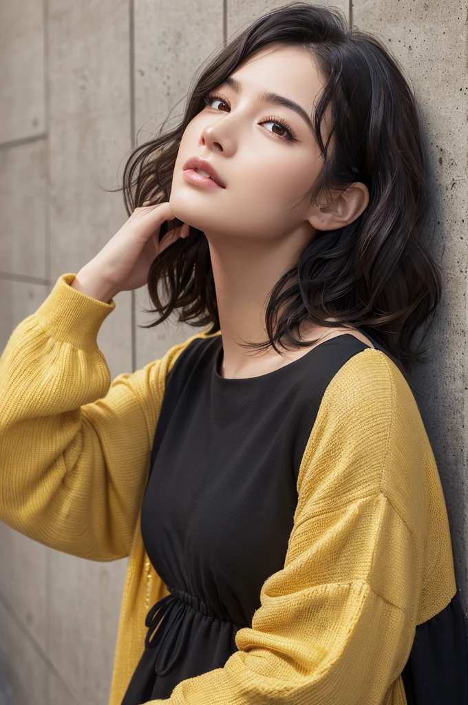 (masterpiece:1.3), (8k, Realistic, RAW Photos, highest quality: 1.4), (One Girl), Beautiful Face, (Realistic Face), (Black Hair, Short hair with loose waves:1.3), Beautiful Hairstyles, Realistic eyes, Beautiful details, (Realistic Skin,Landscape,Look away,Looking Up,Brush your hair up), Beautiful Skin, (Nice dress,Big size,Black Dress,Long sleeve), Absurd, charm, Ultra-high resolution, Ultra-realistic, Very detailed, Golden Ratio,Concrete wall,