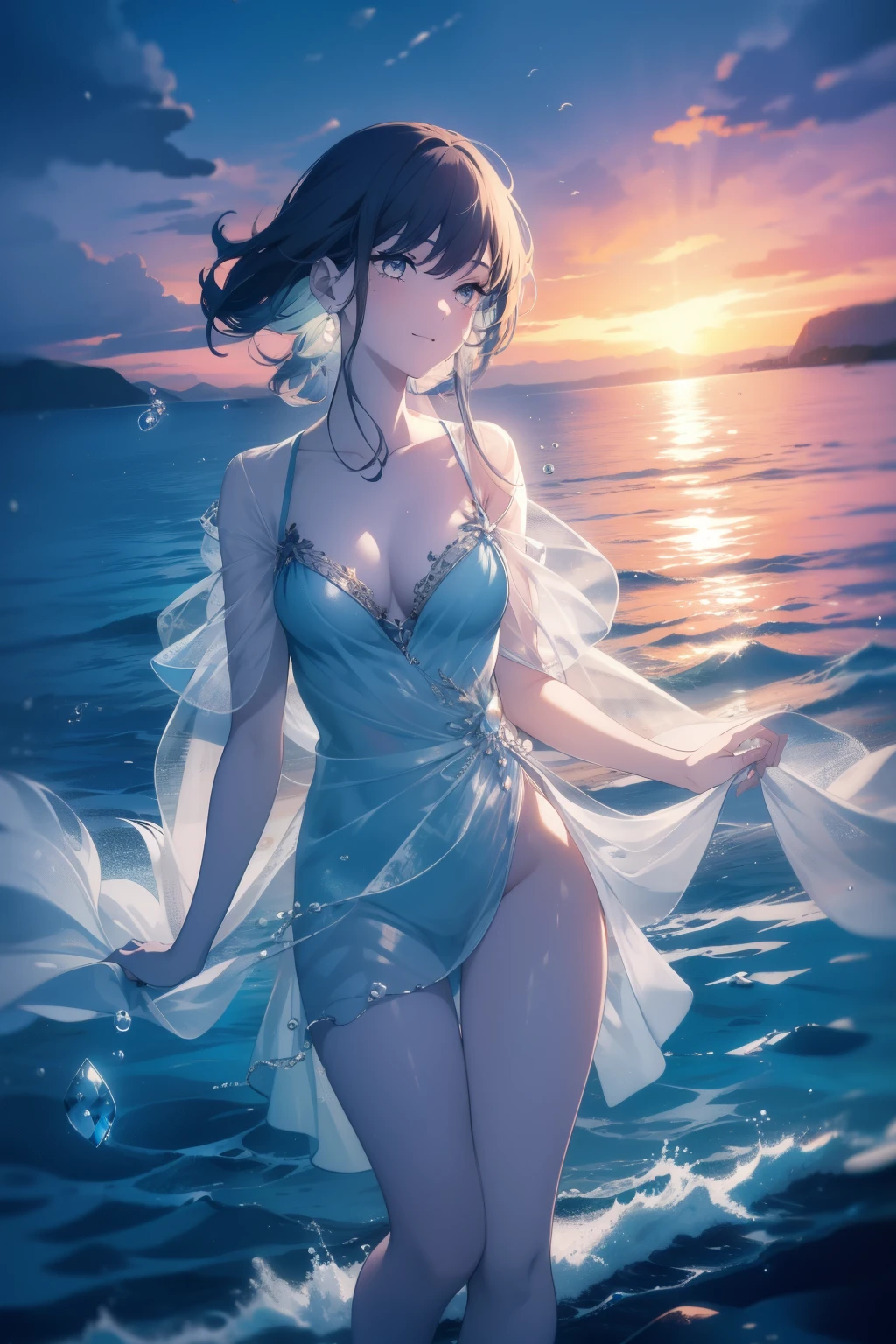 The Melodic Songstress, her voice can charm the fishes from the depths of the ocean. She sings of the secrets of the tides and the whispers of the sea
Prompt: 1girl, water, aquascend, shell, oceanic, waves, seaweed, flowing hair, beach, coastal, sunset, warm colors, serene atmosphere, beautiful lighting, distant mountains, misty sea vapor, 25 years old, calming expression, gentle smile, hands on thighs, pearl earring, fish scale pattern on hair, wave pattern on clothing