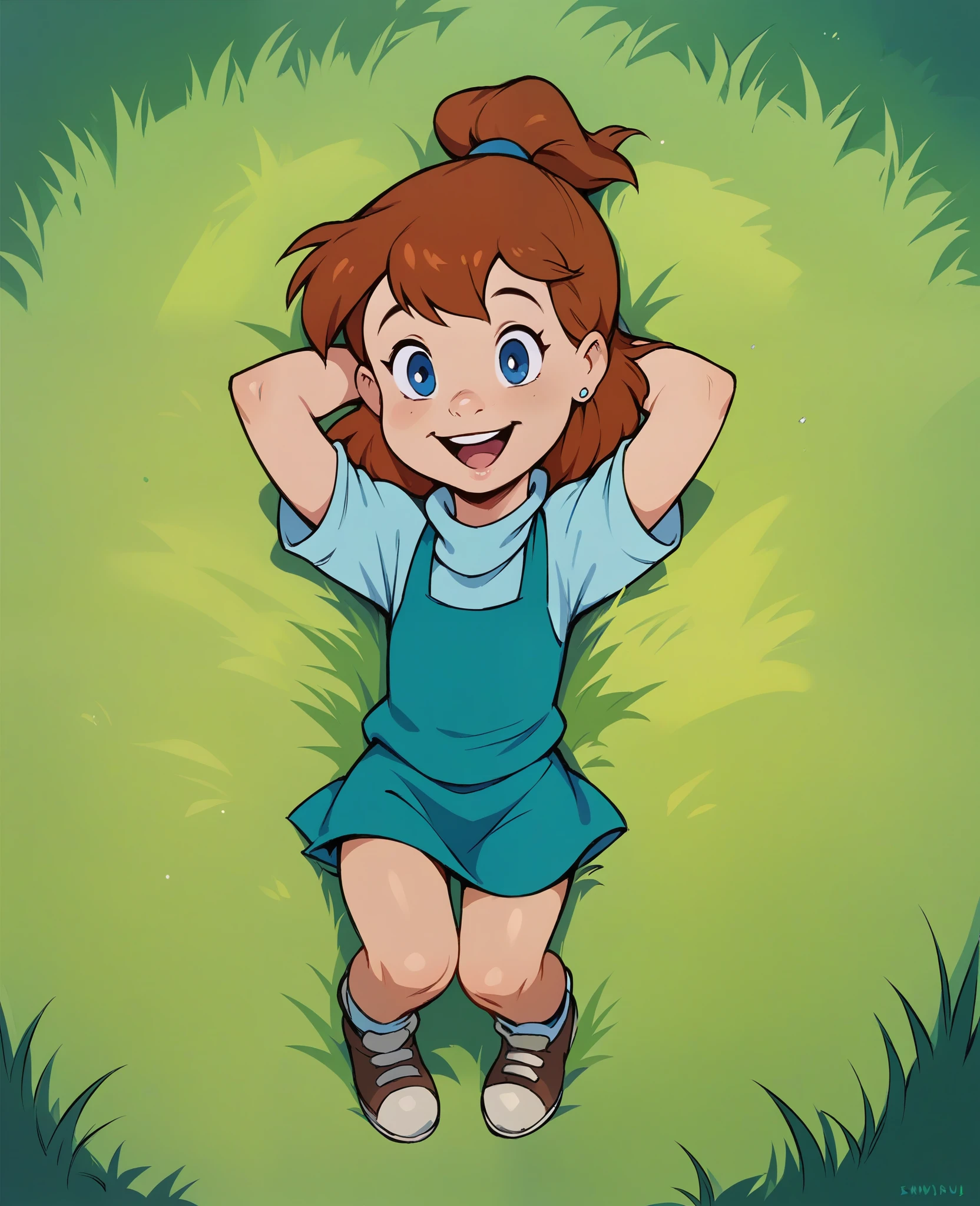 score_8, score_9, jenny, brown hair, ponytail, blue eyes, earrings, lying on back, in grass, hands behind head, open smile, full body