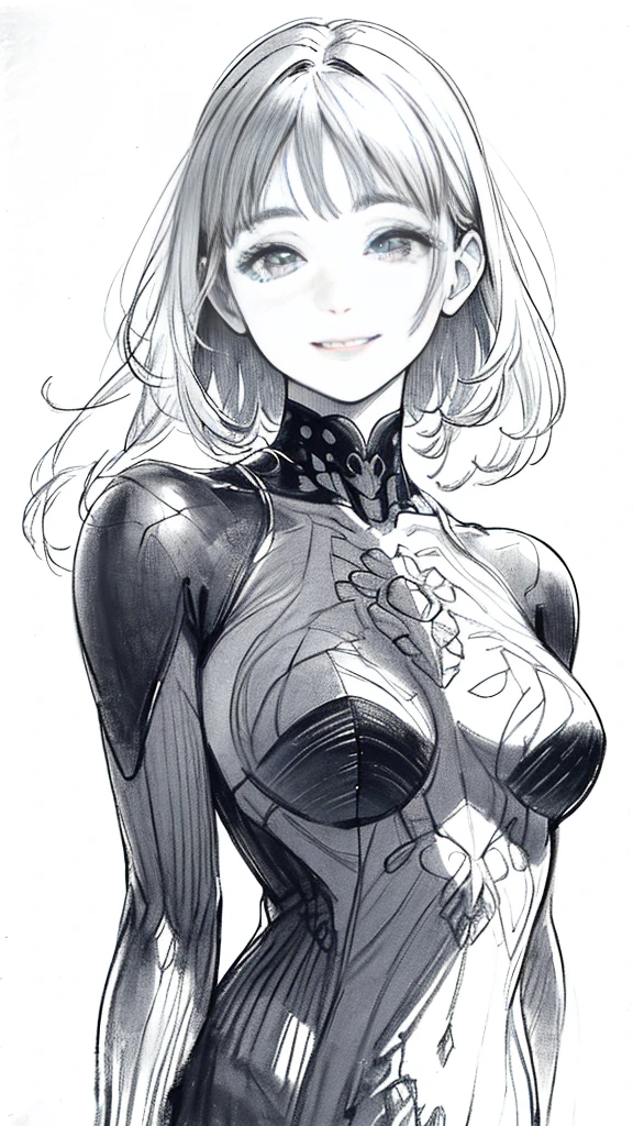 (Realistic:1.4)、(Very complex:1.2)、(Upper body:1.2)、(from the front:1.3)、One girl with a smile, 超A high resolution、8K Ultra HD、Perfect Anatomy、Exquisitely rendered skin、Best Shadow、 delicate、High resolution,Line art,Monochrome,sketch,Pencil drawing,Traditional Media,No background