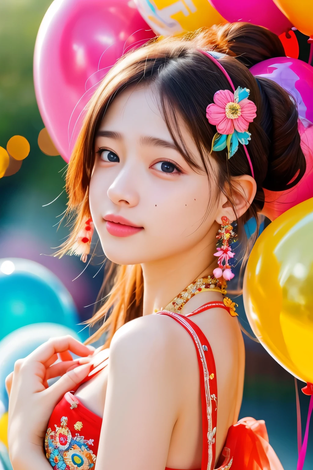 Beautiful girl, wonderful, lots of balloons, happy, happy, perfect quality, clear focus (chaos - home: 0.8), (masterpiece: 1.2) (realistic: 1.2) (bokeh) (best quality) (detailed skin: 1.3) (intricate details) (8K) (Detail Eyes) (sharp focus), (happy)