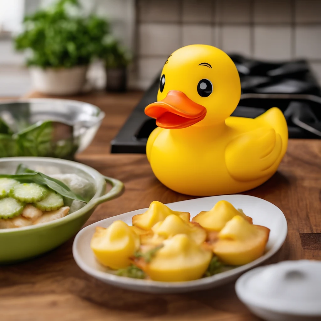 Close-up (rubber duck bath toy) sitting on a wooden table (in a kitchen) with a plate of food placed next to it. 