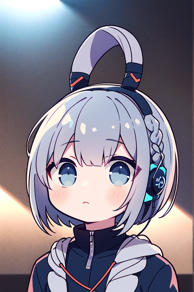 highest quality、masterpiece、one person、Silver braided short bob hair、Light blue eyes、behind-the-head headphones