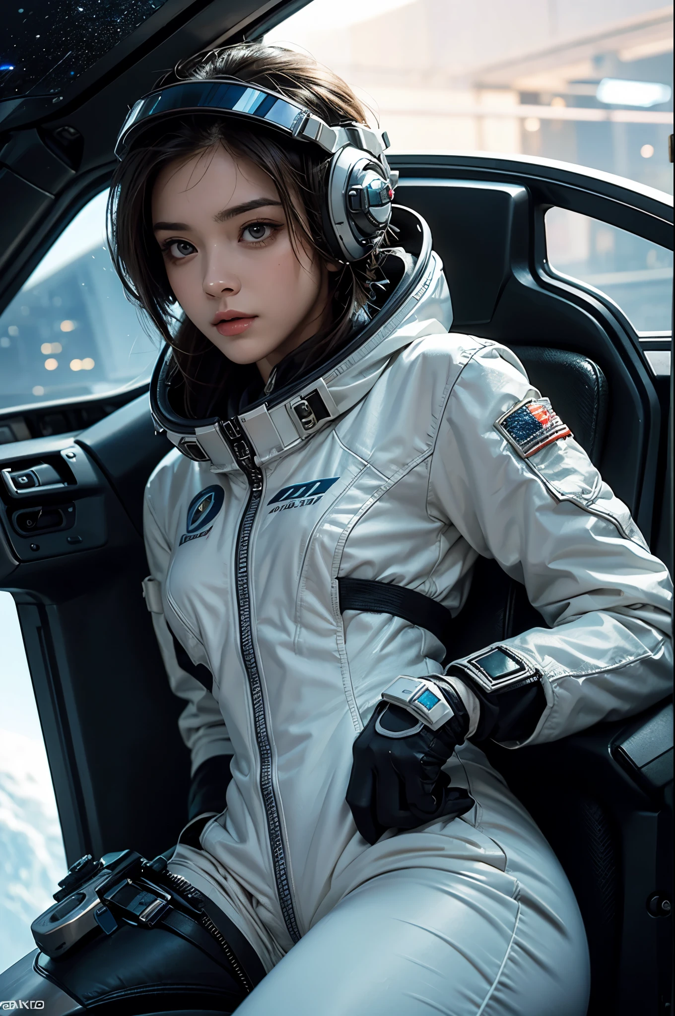 This is an illustration of a young woman with an evocative gawearing a futuristic, sci-fi inspired outfit that resembles a space suit or pilot's gear, complete with a helmet and goggles resting on her forehead. The details on the suit suggest wear and use, with text and logos indicating a fictional universe, possibly hinting at space exploration themes or competitive piloting. Her wistful expression