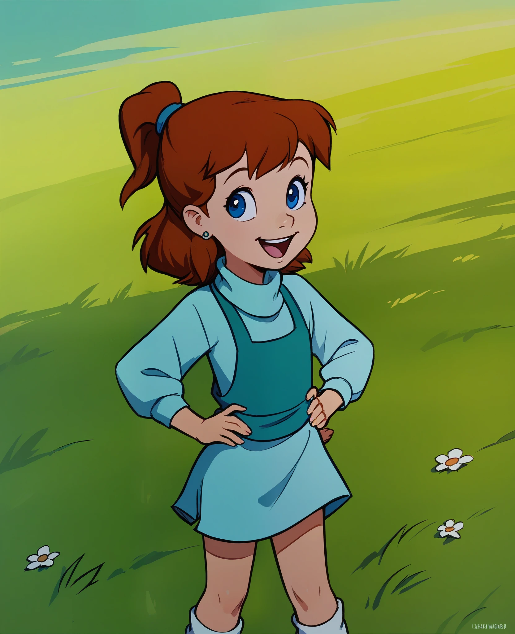 score_8, score_9, jenny, 1 girl, solo, brown hair, ponytail, blue eyes, earrings, standing, on grass, hands on hips, open smile