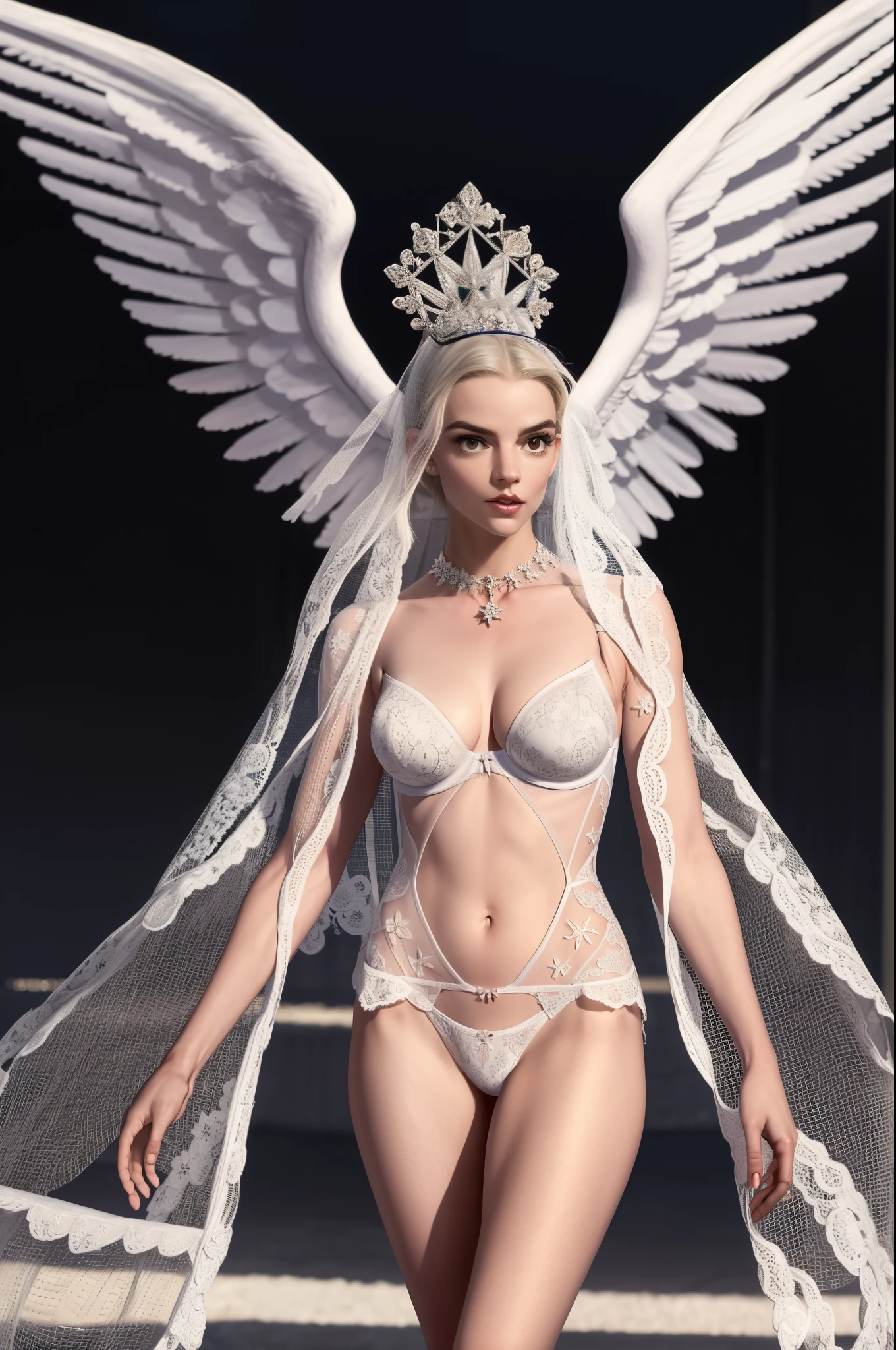 majestoso, realista, arte digital ultra detalhada, uma mulher deslumbrante, bordaVS, anjo, luvas de cotovelo, colar, wearing bordaVS lingerie, asas, encantador, seios enormes,