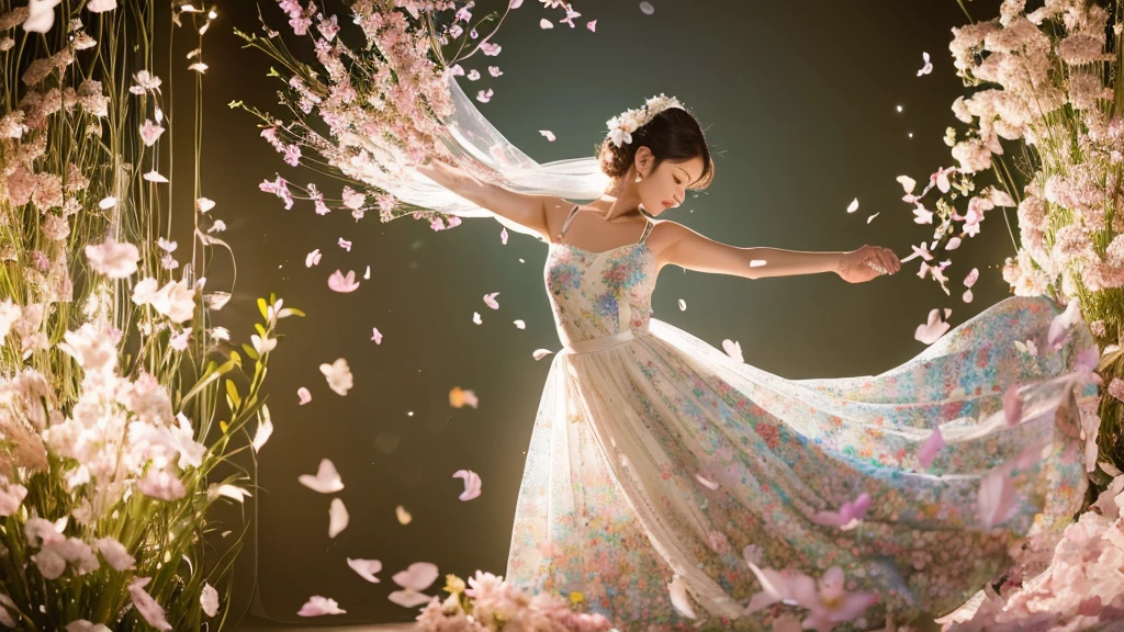 Create a hyper realistic image of a beautiful young girl with a dress resembling flower petals and leaves, positioned as if dancing. The figure should be intricately detailed, with patterns on the dress and leaves that give a three-dimensional appearance. The color palette should consist of soft colour tones, predominantly glossy shiny vibrant golden and cream, to evoke an elegant and organic aesthetic. ultra HD 64k hyperrealism studio lightning
