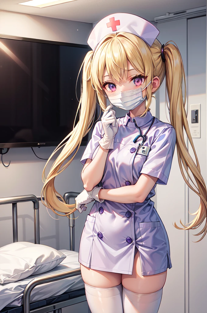 1girl, solo, nurse, nurse cap, white nurse uniform, ((white legwear, zettai ryouiki)), white gloves, twintails, yellow hair, purple eyes, ((white surgical mask, covered nose)), standing, ((hospital room)), sharp outline, short sleeves, best quality, masterpiece