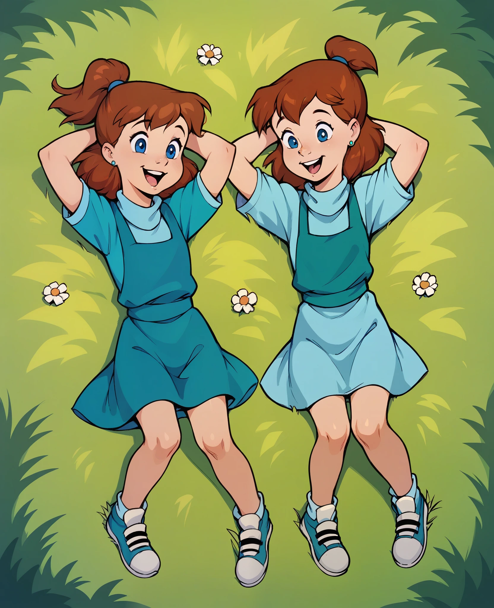 score_8, score_9, jenny, brown hair, ponytail, blue eyes, earrings, lying on back, in grass, hands behind head, open smile, full body