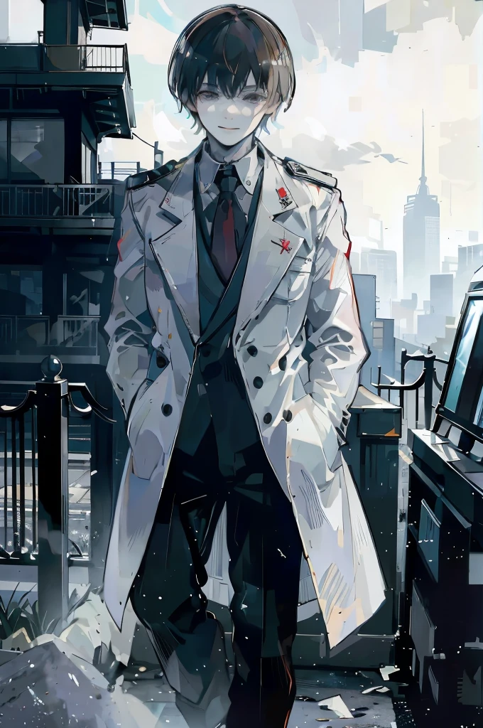 young man, brown hair, black eyes, smiling, medium hair, wearing a pure white trench coat, wearing black pants, in one city, 4k, detailed, sui ishida art style, detailed eyes, 
