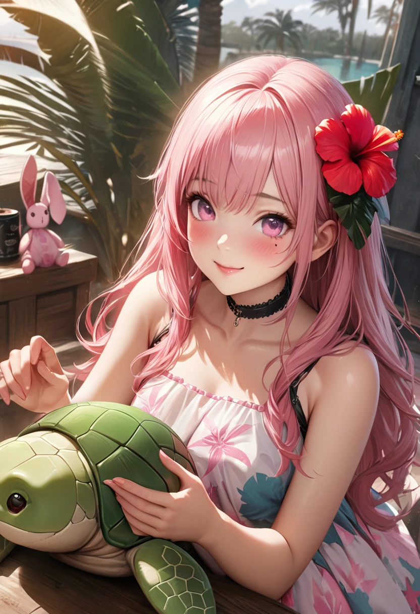 Masterpiece, Best Quality, Highly Detailed, High Definition, High Definition, High Definition, 4k, 8k, Unity 8K Wallpaper, Highly Detailed CG, Masterpiece, Realistic, Beautiful Details, Depth, Fine Texture, Best Quality: 1.3, Total concentration, perfect skin, boyfriend, very cute anime, cute like an idol, tall pink semi-long hair, one girl, Hawaiian dress, cute stuffed rabbit, stuffed sea turtle, palm tree, greeting, hibiscus hair decoration, smile, afternoon, coffeetime,long pink hair, whole body, mole under the eye, gaze, high, blush, lips parted, his art, pink eyes, choker