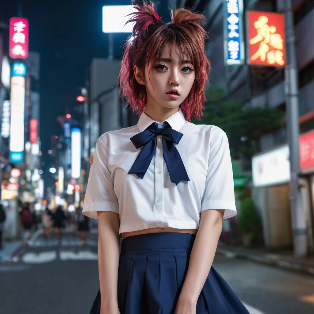 (8k, RAW photo, masterpiece:1.3), (realistic, photo-realistic:1.37), (night), (looking at viewer:1.331), (bloody hair), posing, Tokyo street, nightcityscape, cyberpunk city, soft light, nude girl with hairy vagina, extremely beautiful face, bust, put down hands, Random hairstyle, Random expression, big eyes, lower abdomen, (short-sleeved .JK_shirt), JK_style, (dark blue short JK_skirt), (bow JK_tie), mix4., best quality