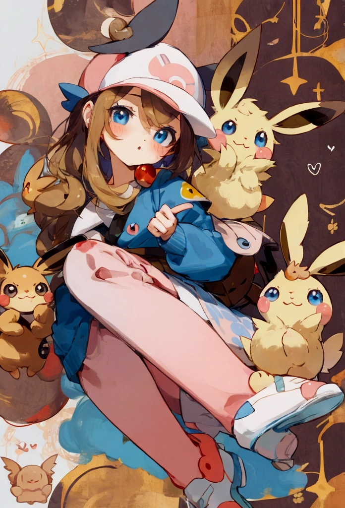 pokemon inspired, an eevee holding a hazelnut, cute, kawaii, blue eyes.