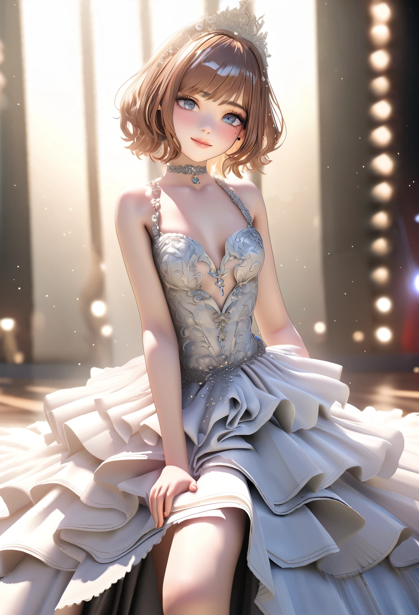 One girl, looking at the audience,
beautiful blue eyes, brown short hair, mole under eye, plump glossy lips, heart shaped choker, idol, smiling, . . . . 3D, realistic,
princess dress with too many frills, draped clothes, jewels, embellishments stripped away, floral patterns, lace trim, bright stage,
masterpiece, best quality, 8k, detailed skin texture, detailed fabric texture, beautifully detailed face, intricate details, highly detailed,
ultra high resolution, 8K Ultra HD, film grain, best shadows, delicate, looking at the audience, front