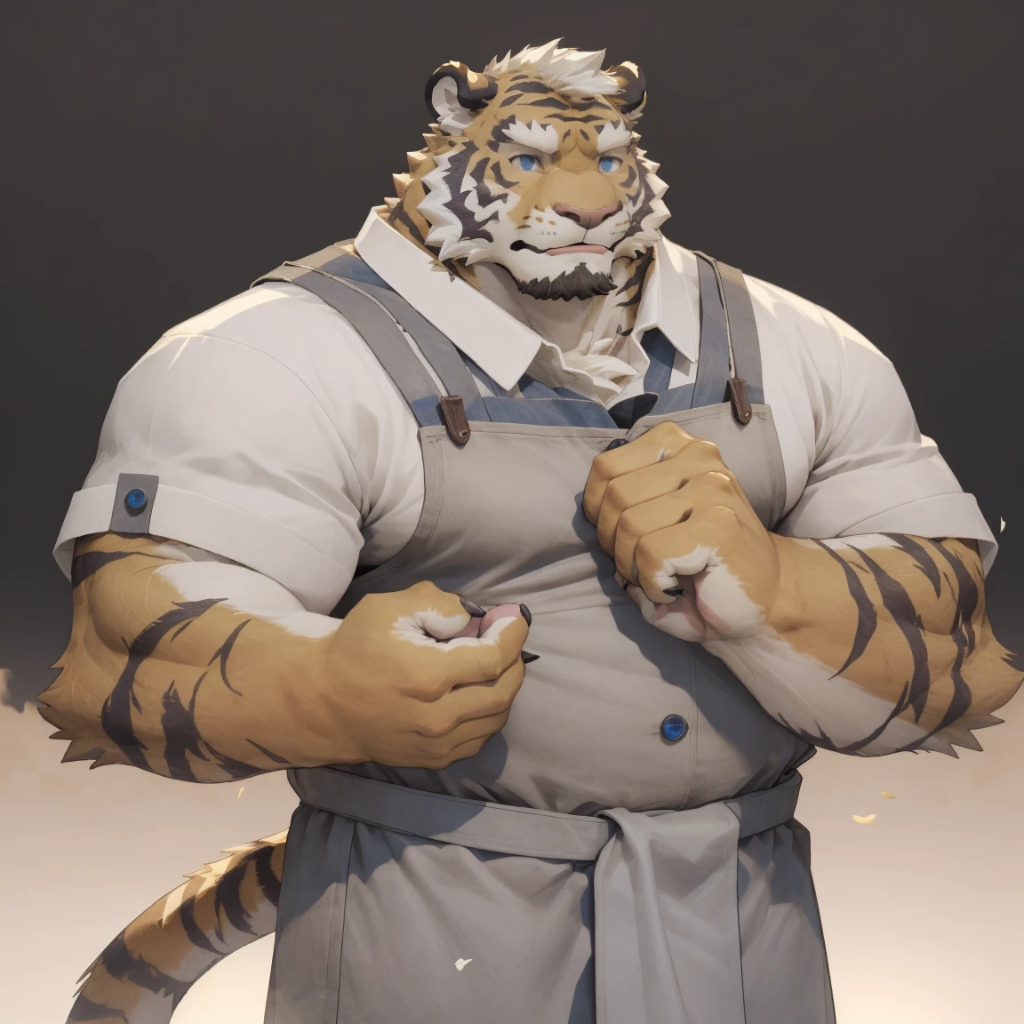 masterpiece, best quality, 8k resolution, Very detailed, hairy,tiger,((White short hair)),Strong body,((Middle-aged uncle)),(((Blue eyes))),For the audience,portrait,(Highest quality scene),(((Gray cloth))),((Solitary)),Black trousers,whole body,((Touching his chin and thinking)),(Mature),(((Rural background))),((yellow fur)),Standing,((farmer))