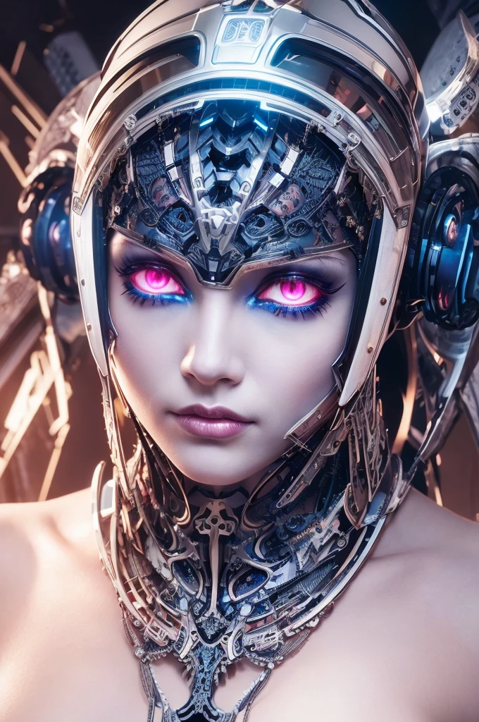 This is an artistic digital illustration portraying the bust of a female figure with cybernetic enhancements and an elaborate mechanical headdress. The figure's facial expression is passive yet intense, with striking red eyes and blue makeup accentuating her features against the contrasting cool metallic tones of the machinery. Rich in detail, the artwork blends organic and mechanical aesthetics, combining smooth human skin with intricate gears, wires, and dripping.