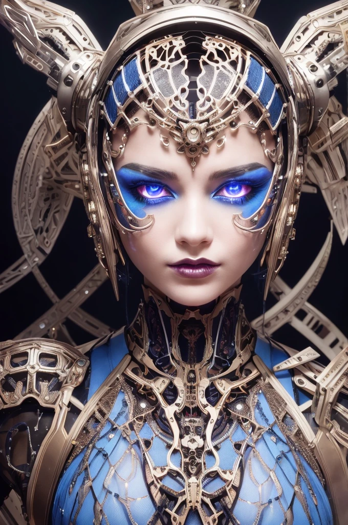 This is an artistic digital illustration portraying the bust of a female figure with cybernetic enhancements and an elaborate mechanical headdress. The figure's facial expression is passive yet intense, with striking red eyes and blue makeup accentuating her features against the contrasting cool metallic tones of the machinery. Rich in detail, the artwork blends organic and mechanical aesthetics, combining smooth human skin with intricate gears, wires, and dripping.
