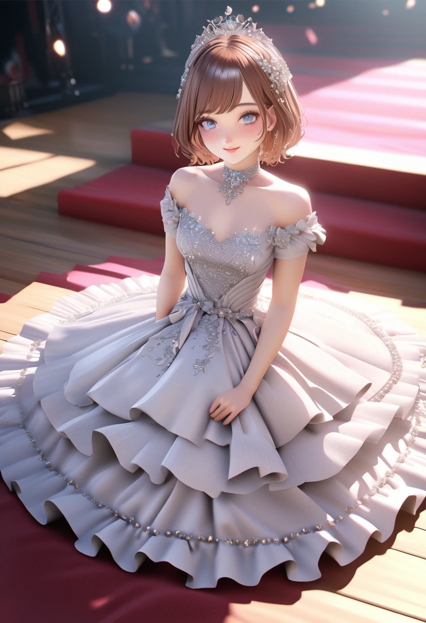 One girl, looking at the audience,
beautiful blue eyes, brown short hair, mole under eye, plump glossy lips, heart shaped choker, idol, smiling, . . . . 3D, realistic,
princess dress with too many frills, draped clothes, jewels, embellishments stripped away, floral patterns, lace trim, bright stage,
masterpiece, best quality, 8k, detailed skin texture, detailed fabric texture, beautifully detailed face, intricate details, highly detailed,
ultra high resolution, 8K Ultra HD, film grain, best shadows, delicate, looking at the audience, front