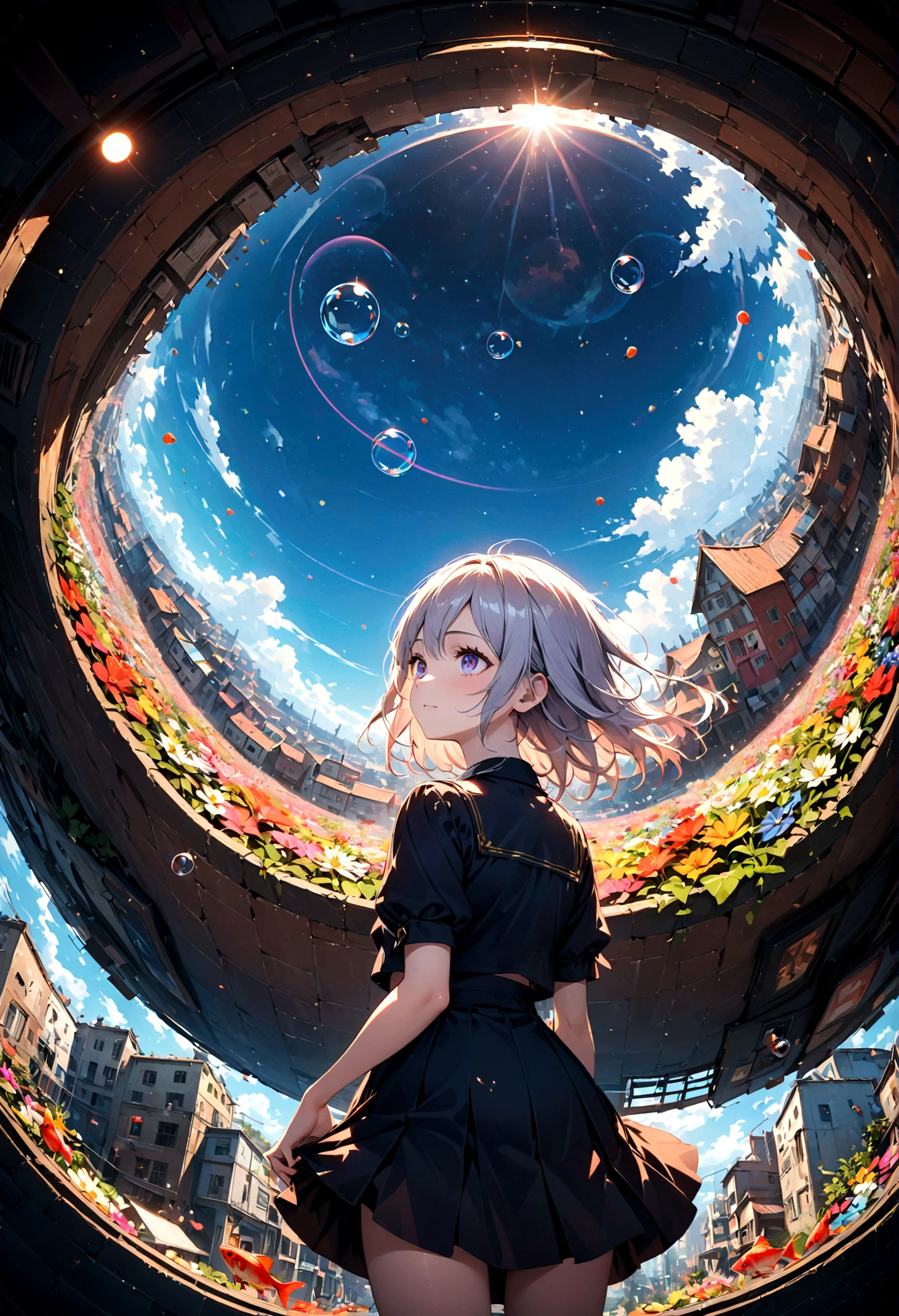 woman\(, 15 yearhort silver hair floating, Space-colored eyes, school black uniform, Pale skin, Tired face、lack of shine in the eyes\) Looking up at the sky, (Many shiny red scale goldfish swimming in the air), (Transparent bubbles, like those in water, sparkle here and there in the sky.), Beautiful sky, Beautiful Clouds, There is a puddle on the ground、The scenery is beautifully reflected, Looking up at the wide sky from a narrow back alley in a cluttered downtown area, Colorful summer flowers are blooming everywhere., I see the wind blowing and shining, There is a noon moon and a noon star in the sky,From below, break ,quality\(8k,非常に精細なCGユニットのwallpaper, masterpiece,High resolution,top-quality,top-quality real texture skin,Surreal,Increase the resolution,RAW Photos,最高quality,Very detailed,wallpaper,Cinema Lighting,Ray-tracing,Golden Ratio\),Take the long view