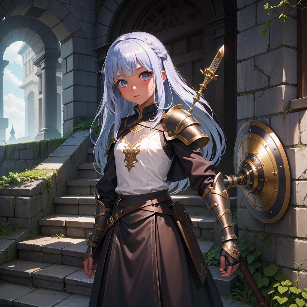 最high quality、high quality、10 years old、Girl Adventurer、Climb the labyrinth stairs、leather armor、Long skirt、Equipped with a dagger and a shield、