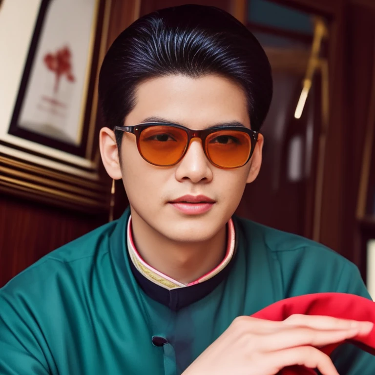 Araffe was dressed in a red and gold uniform and sunglasses., Order of Akira, According to the style of paying homage to the family, Inspiration from Ding Guan Peng, Inspired by Ding Yunpeng, Godfather Khan, emperor, Inspired by Guo Xi, in the style of sifu ปรมาจารย์, Like Andy Lau., in the form of a call price