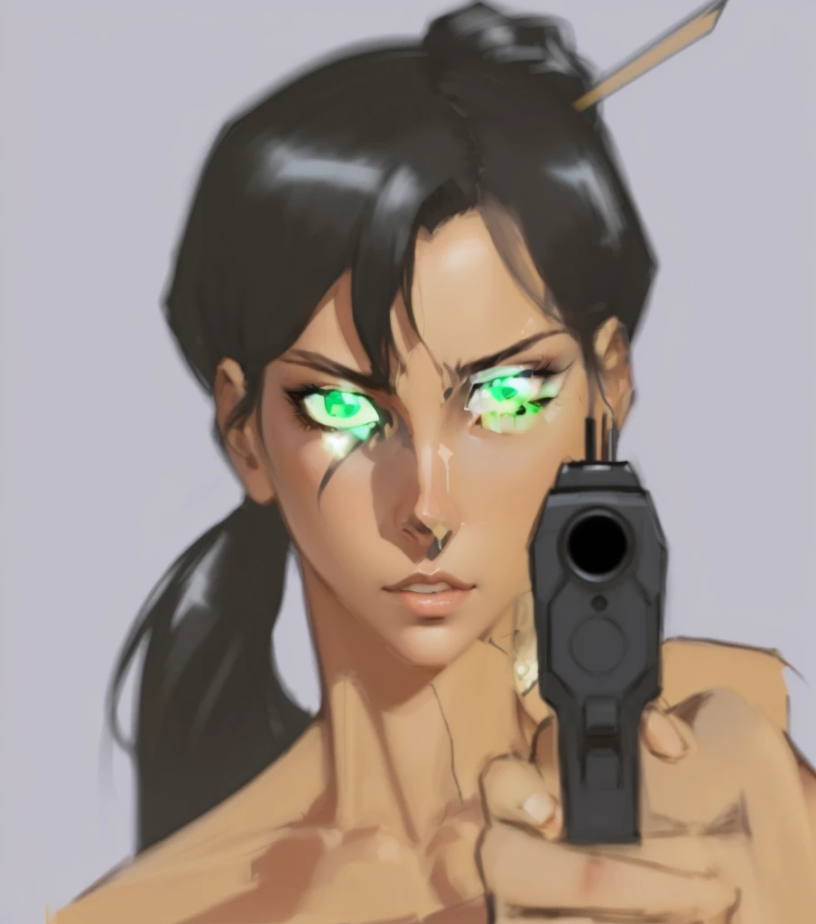 Portrait, illustration, anime girl with green eyes holding a gun in her hand, aeon flux style, laser wip, sly expression, cel - shaded art style, cel shading, character art closeup, zoom in, zoom blur