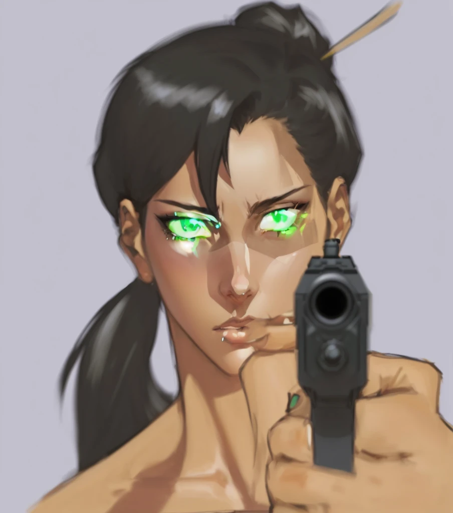 Portrait, illustration, anime girl with green eyes holding a gun in her hand, aeon flux style, laser wip, sly expression, cel - shaded art style, cel shading, character art closeup, zoom in, zoom blur