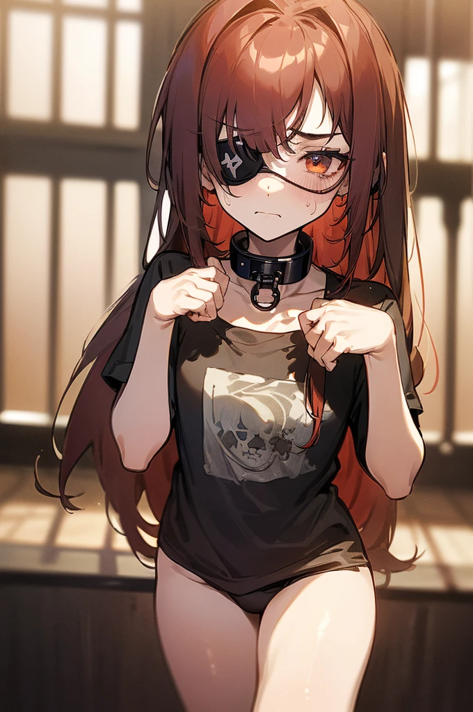 {masterpiece, distinct_image, extremely detailed CG, beautiful eyes and detailed face, 4k, 8k, high_resolution, perfect_finger, medieval style, (beautiful_detailed_eyes:1.3), glitter, no_light, dark_background{(miniboy,shota, slave:1.3), face_focus,full body, looking for_in_viewer, standing},{(shota,slave:1.3) (tattered_very_big_gray T-shirt, no pants, {thick_gray_metal_collar:1.6}, black_right_eyepatch:1.5), (red_hair, red_eyes, long_hair, hair_over_one_eye, one_eye_covered_with_hair, asymmetrical_bangs:1.4), (tired_face, glaring, breathing:1.3), (Middle_Ages_prison_indoor:1.3)}}