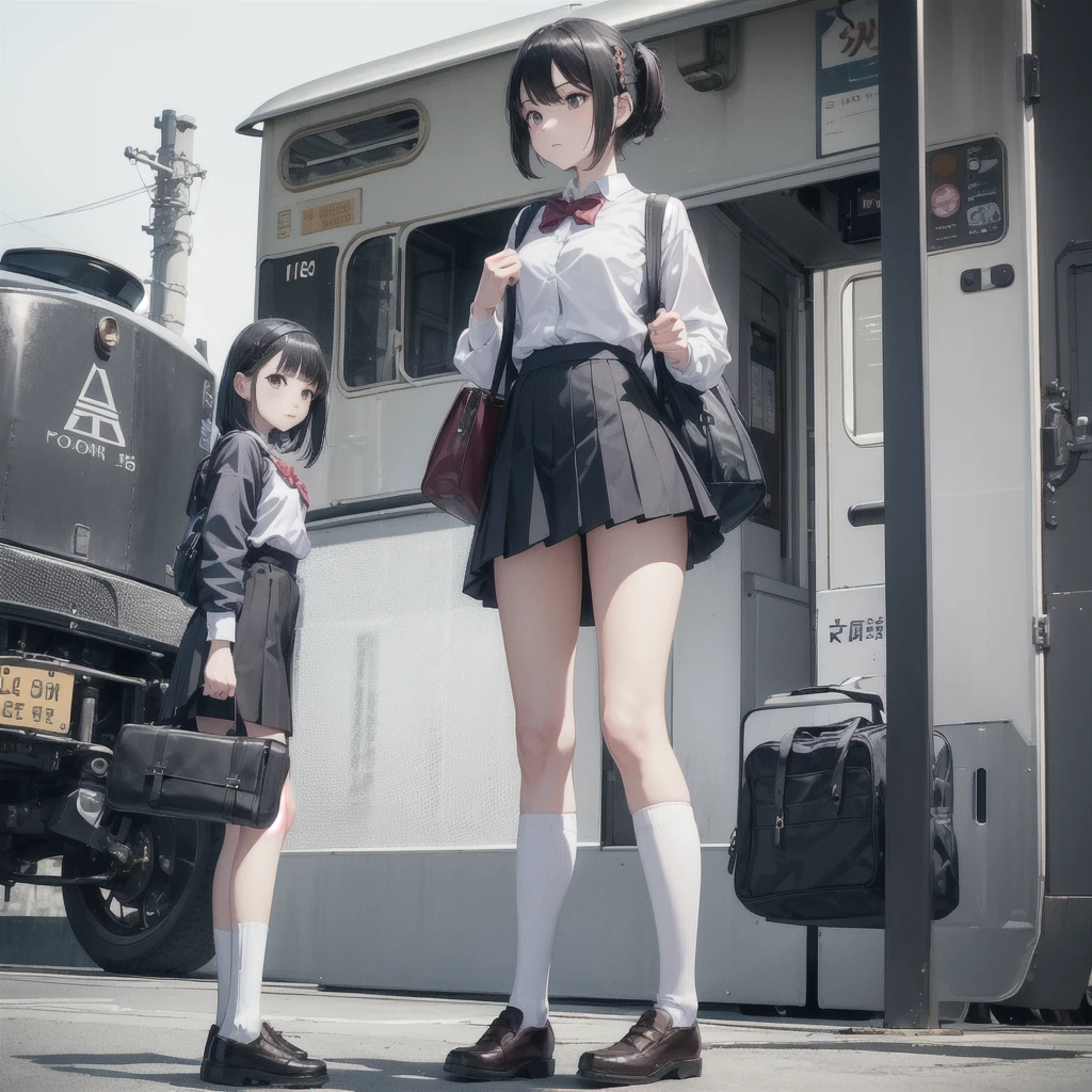 Man standing next to a train々Group of, photograph, Wearing a skirt and knee-high socks, school bag, Sexy Style,   Blur, Two Women,  photograph, Atmospheric, Skirt lining, angle：Directly below, It is suitable for substitution