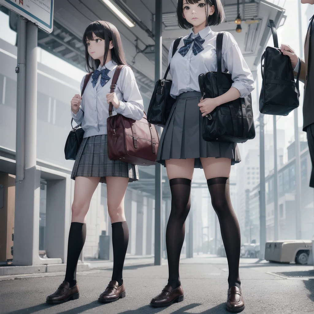 Man standing next to a train々Group of, photograph, Wearing a skirt and knee-high socks, school bag, Sexy Style, Blur, Two Women, photograph, Atmospheric, Skirt lining, angle:Directly below, It is suitable for substitution