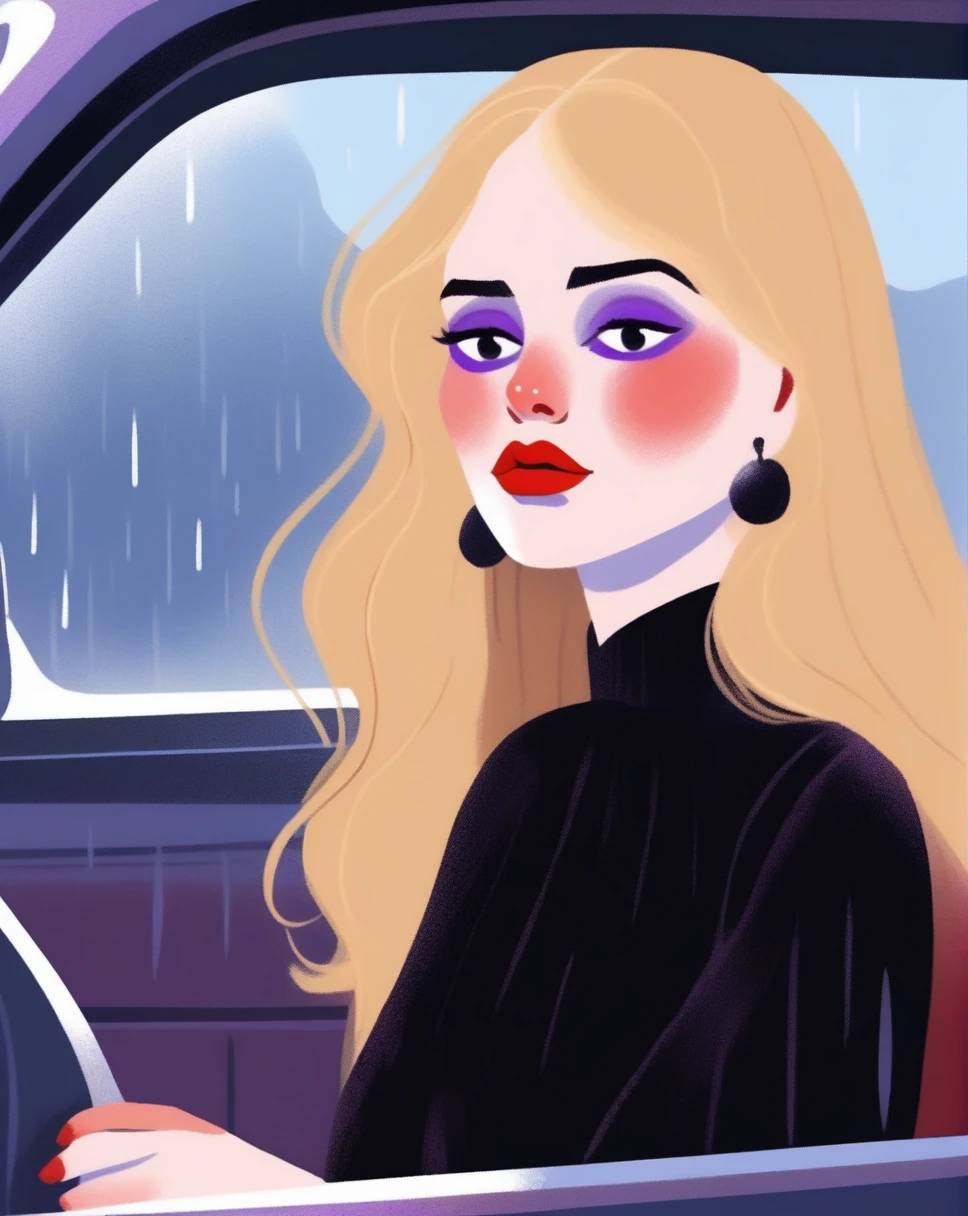 a woman with blonde hair, bangs, long hair, wearing a gothic black dress, jewelry, and lipstick, with purple eyes and red lips, standing in the rain, (best quality,4k,8k,highres,masterpiece:1.2),ultra-detailed,(realistic,photorealistic,photo-realistic:1.37),crayon painting,children's picture books,melancholy expression,surreal,oil painting,dramatic lighting,moody atmosphere