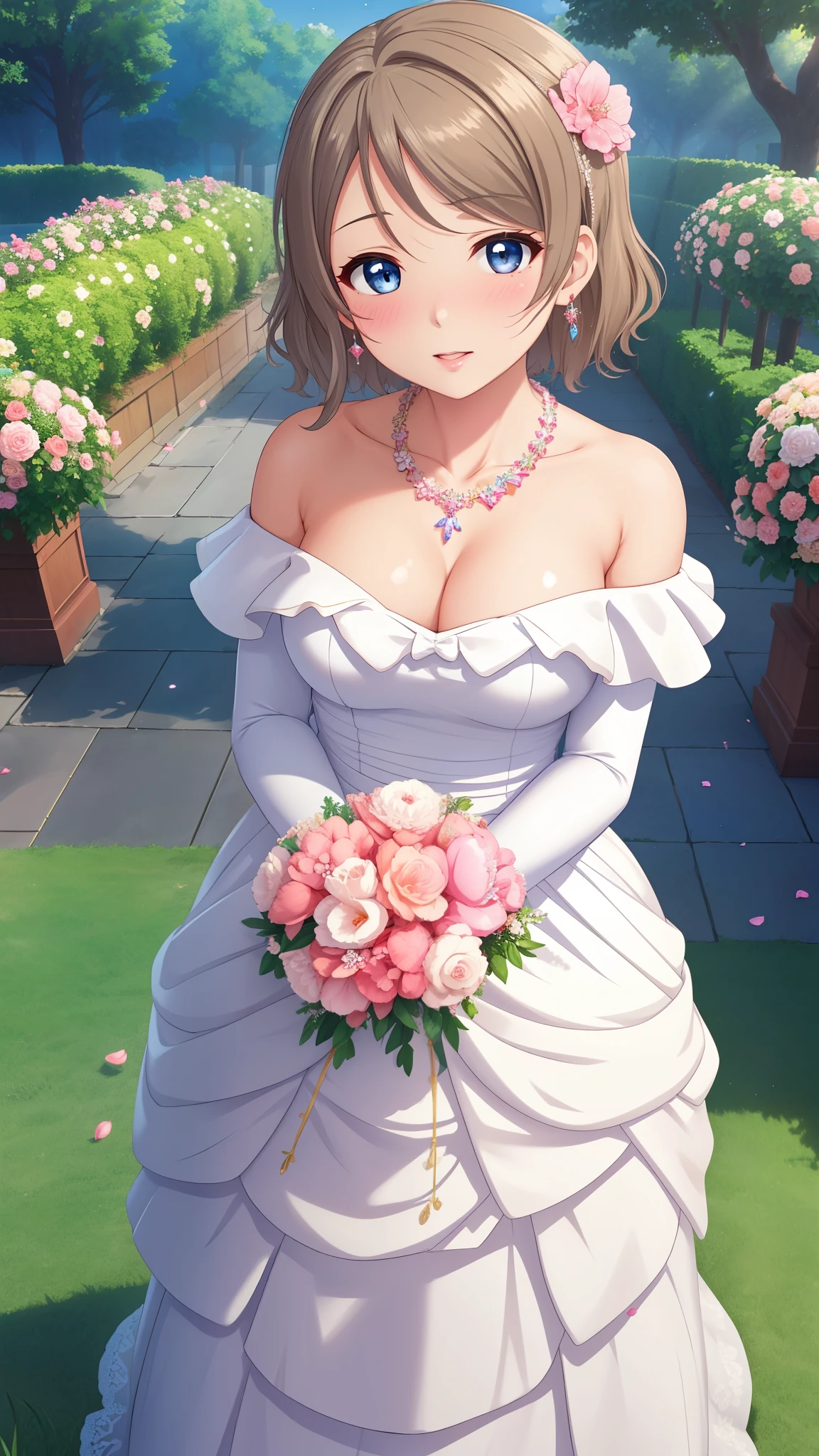 (Masterpiece), 8k wallpaper, solo, Watanabe you, game cg, beautiful detailed face and eyes, perfect anatomy, standing, outside, blush, glossy lips, wedding dress, off the shoulder, necklace, jewelry, garden