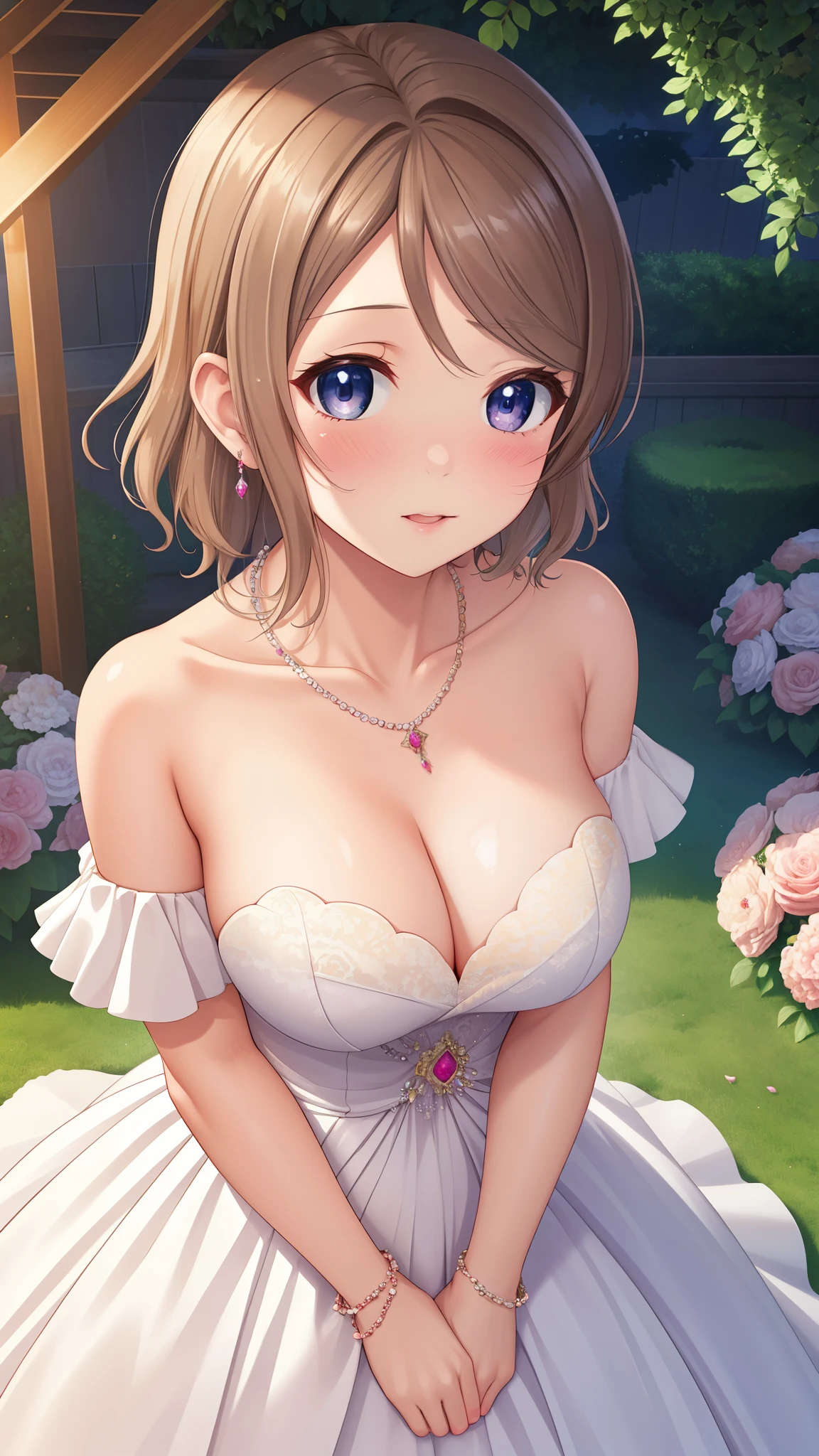 (Masterpiece), 8k wallpaper, solo, Watanabe you, game cg, beautiful detailed face and eyes, perfect anatomy, standing, outside, blush, glossy lips, wedding dress, off the shoulder, necklace, jewelry, garden