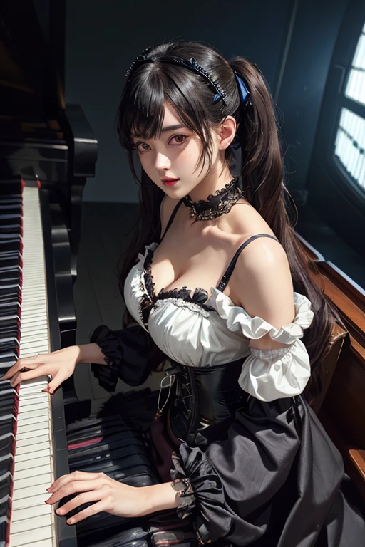 Digital Cyberpunk Art、Twin tails、Wear an off-the-shoulder Lolita chiffon blouse、Wear a steampunk corset、Wear a black gothic mini skirt、theater、Japanese Girls、((play piano))