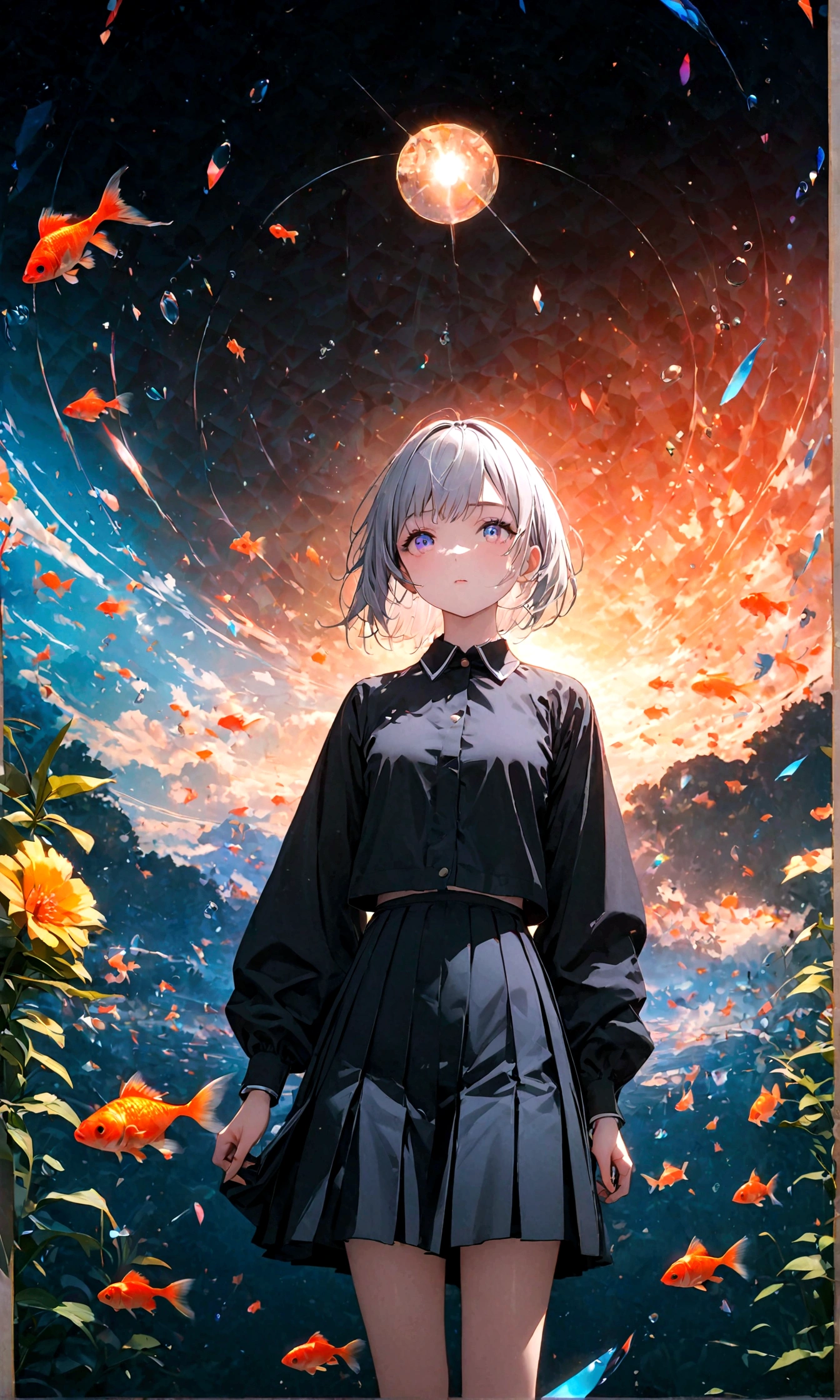 (woman\(student, 15 years old, ＪＫ, Short silver hair floating, Space-colored eyes, school black uniform, Pale skin, Tired face、lack of shine in the eyes\) Looking up at the sky), (Many goldfish are swimming in the air), Beautiful sky, Beautiful Clouds, Colorful summer flowers are blooming everywhere., (Transparent bubbles shine like prisms here and there in the sky), There is a noon moon and a noon star in the sky, break ,quality\(8k,非常に精細なCGユニットのwallpaper, masterpiece,High resolution,top-quality,top-quality real texture skin,Surreal,Increase the resolution,RAW Photos,最高quality,Very detailed,wallpaper,Cinema Lighting,Ray-tracing,Golden Ratio\),Long Shot