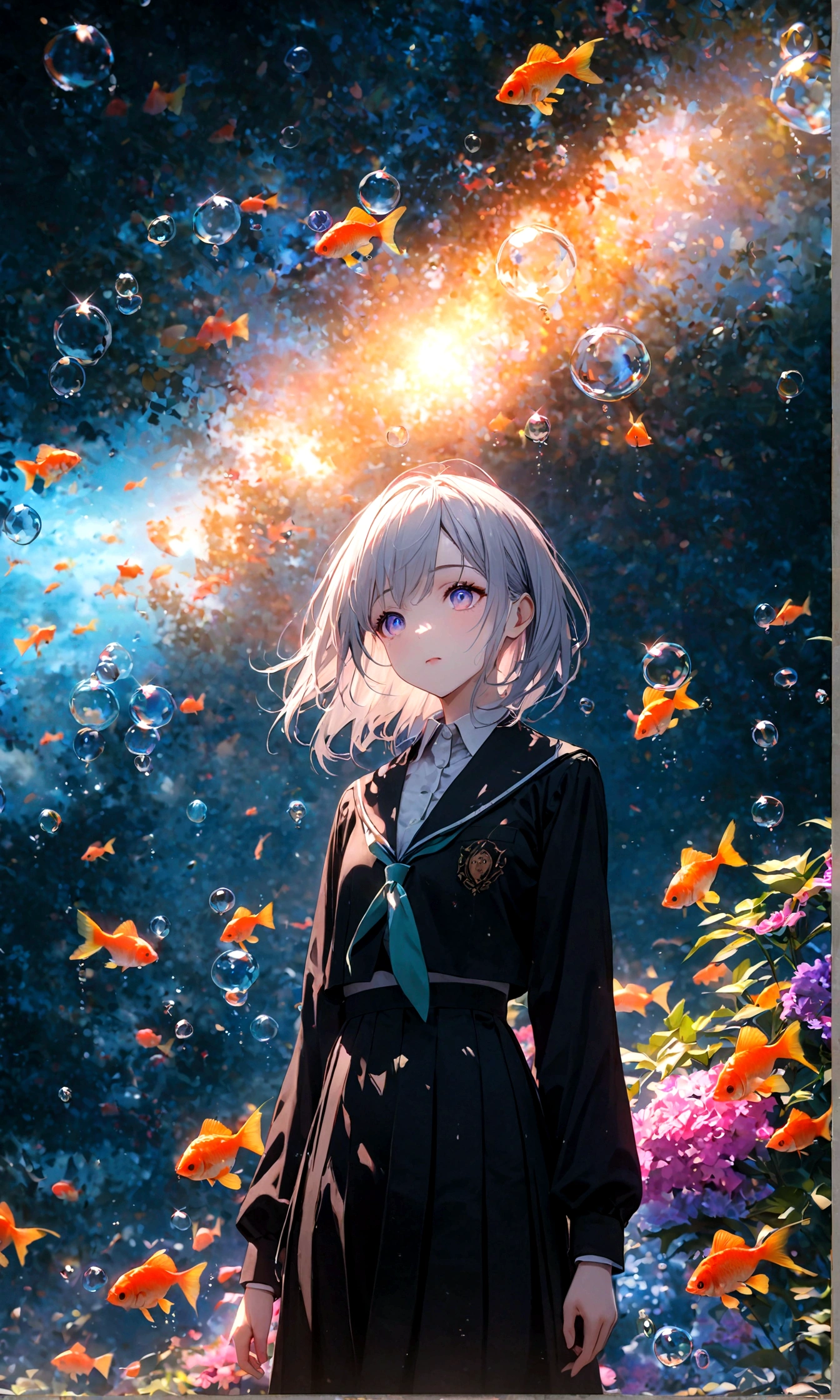 (woman\(student, 15 years old, JK, Short silver hair floating, Space-colored eyes, school black uniform, Pale skin, Tired face、lack of shine in the eyes\) Looking up at the sky), (Many goldfish are swimming in the air), Beautiful sky, Beautiful Clouds, Colorful summer flowers are blooming everywhere., (Transparent bubbles shine like prisms here and there in the sky), There is a noon moon and a noon star in the sky, break ,quality\(8k,非常に精細なCGユニットのwallpaper, masterpiece,High resolution,top-quality,top-quality real texture skin,Surreal,Increase the resolution,RAW Photos,最高quality,Very detailed,wallpaper,Cinema Lighting,Ray-tracing,Golden Ratio\),Long Shot