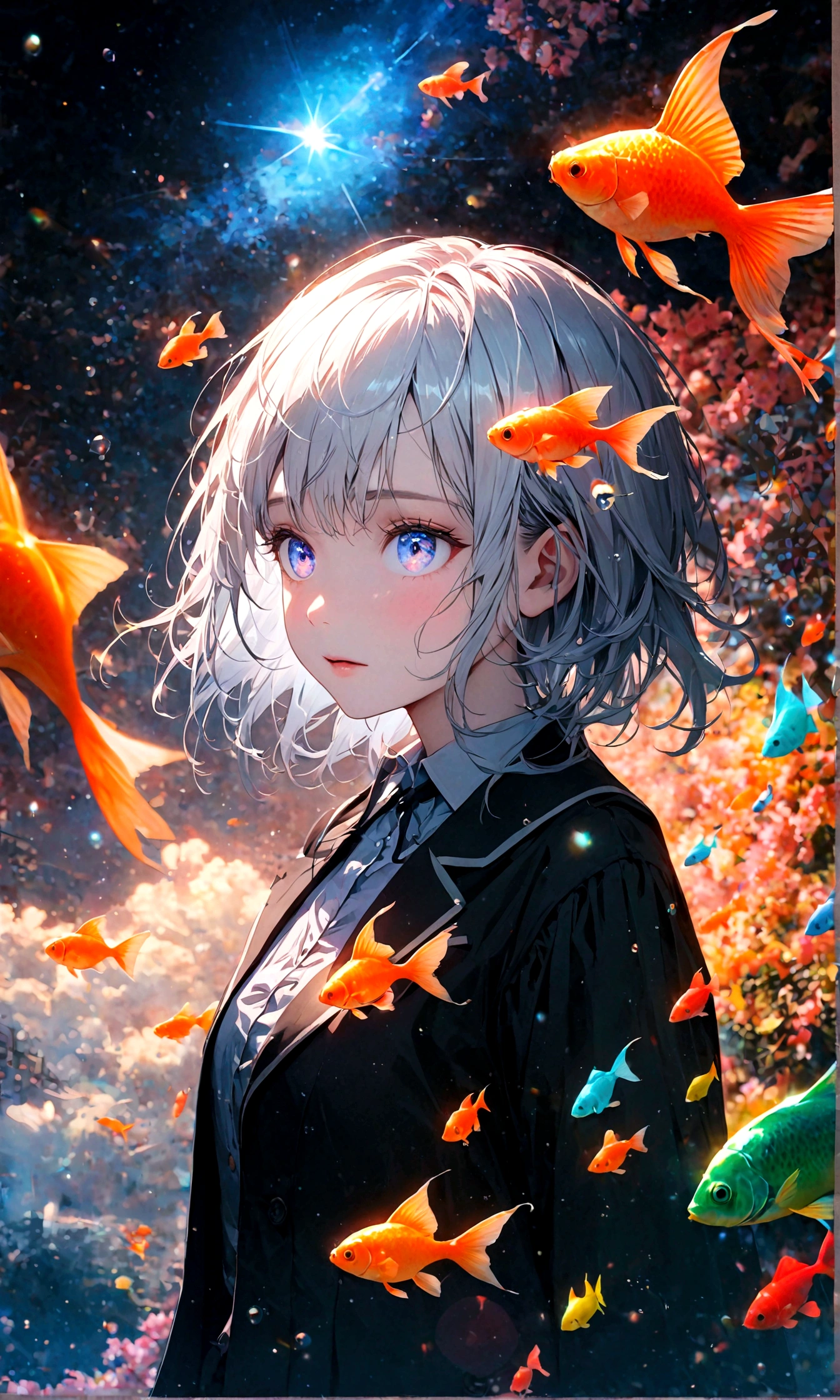 (woman\(student, 15 years old, ＪＫ, Short silver hair floating, Space-colored eyes, school black uniform, Pale skin, Tired face、lack of shine in the eyes\) Looking up at the sky), (Many goldfish are swimming in the air), Beautiful sky, Beautiful Clouds, Colorful summer flowers are blooming everywhere., (Transparent bubbles shine like prisms here and there in the sky), There is a noon moon and a noon star in the sky, break ,quality\(8k,非常に精細なCGユニットのwallpaper, masterpiece,High resolution,top-quality,top-quality real texture skin,Surreal,Increase the resolution,RAW Photos,最高quality,Very detailed,wallpaper,Cinema Lighting,Ray-tracing,Golden Ratio\),Long Shot