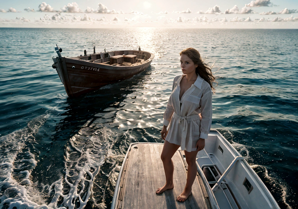 Realistic photography of a woman standing on front of a boat, in the ocean.