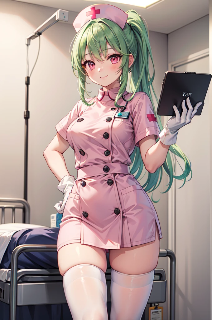 1girl, solo, nurse, nurse cap, white nurse uniform, ((white legwear, zettai ryouiki)), white gloves, ponytail, green hair, pink eyes, smile, standing, ((hospital room)), sharp outline, short sleeves, best quality, masterpiece