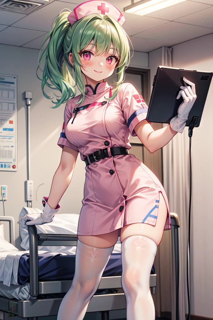 1girl, solo, nurse, nurse cap, white nurse uniform, ((white legwear, zettai ryouiki)), white gloves, ponytail, green hair, pink eyes, smile, standing, ((hospital room)), sharp outline, short sleeves, best quality, masterpiece