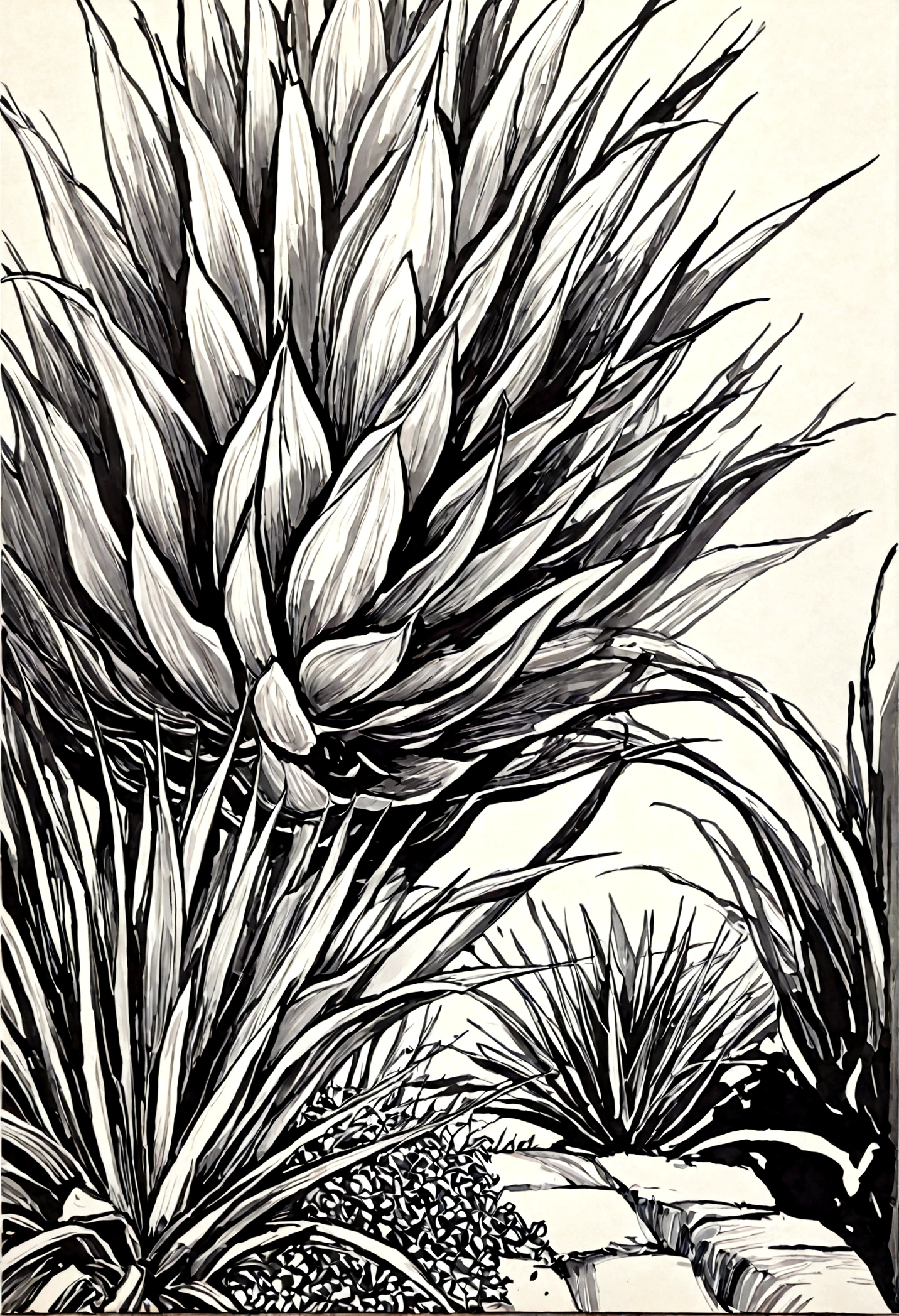 Line art, Ink Painting, Agave, Echeveria, monochromatic, Ink painting