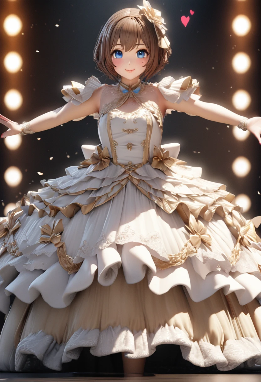 One Girl、Looking at the audience、
Beautiful Blue Eyes、Brown short hair、Mole under the eye、Plump and glossy lips、Heart-shaped choca、Idol、smile、ー、。.。.。.。.。.。.。.。.。.。.。.。.。.。.。.。.。.。.3D、Realistic、
Princess dress with too many frills、Drape clothes、gem、The decoration has been removed、Floral、Lace trim、bright stage、
masterpiece、highest quality、8k、Detailed skin texture、Detailed cloth texture、Beautifully detailed face、Intricate details、Very detailed、
超A high resolution、8K Ultra HD、Film Grain、Best Shadow、delicate、Staring at the audience、front