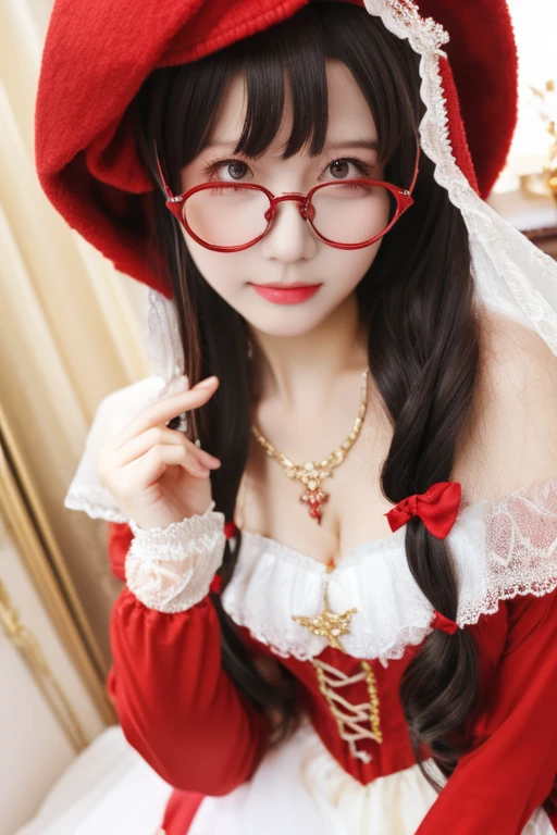 highest quality、masterpiece、High sensitivity、High resolution、detailed、Glasses、Shyly、Fairy tale Little Red Riding Hood、Cosplay