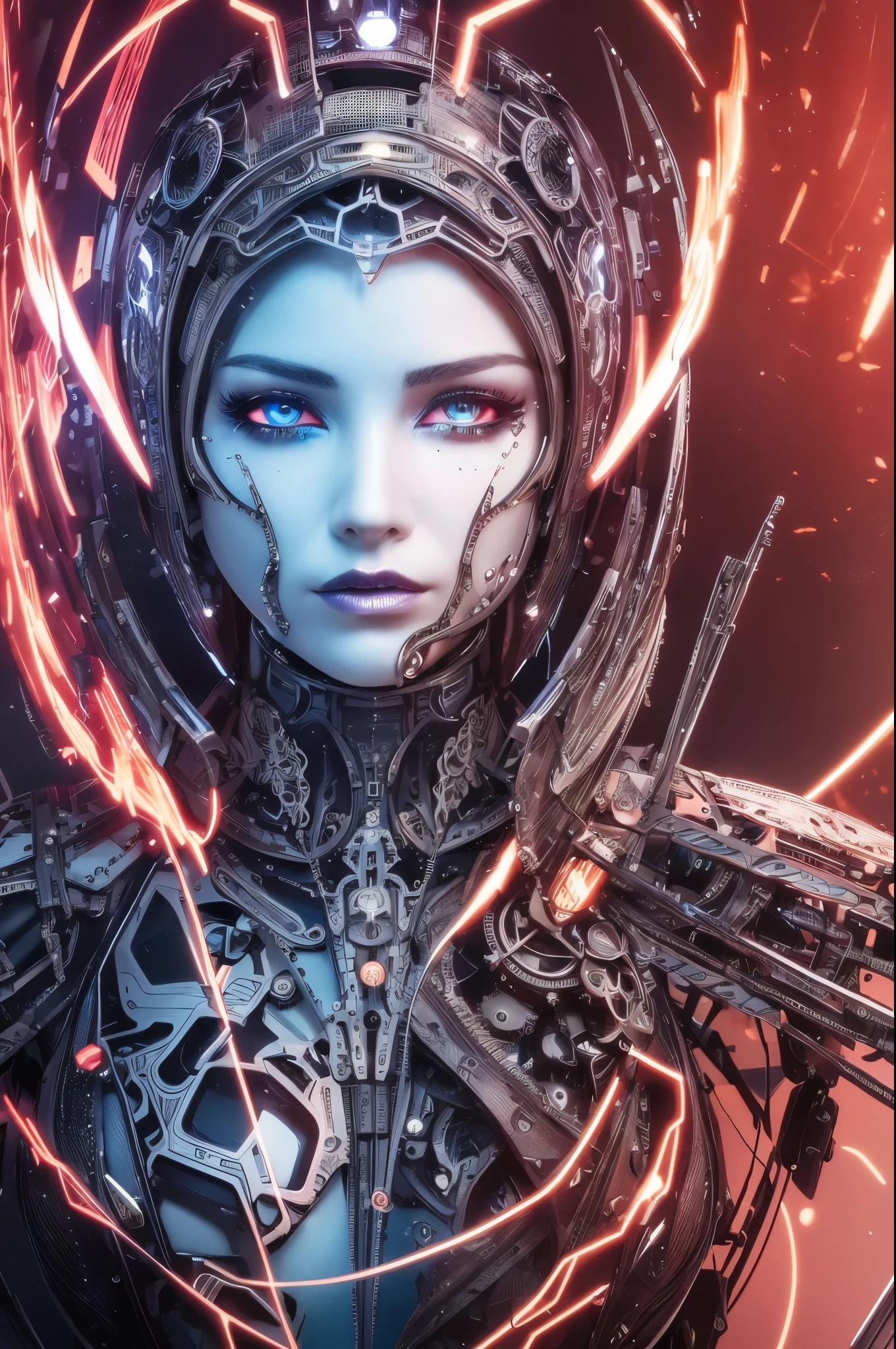 This is an artistic digital illustration portraying the bust of a female figure with cybernetic enhancements and an elaborate mechanical headdress. The figure's facial expression is passive yet intense, with striking red eyes and blue makeup accentuating her features against the contrasting cool metallic tones of the machinery. Rich in detail, the artwork blends organic and mechanical aesthetics, combining smooth human skin with intricate gears, wires, and dripping.