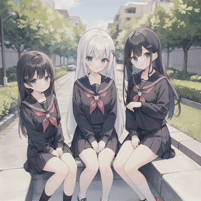 Three Girls, serafuku, Pleated skirt, Sitting, Tilt your head, I'll be there for you, Sleep, close your eyes, Shopping bag, fake mouse ears headband, Hug a stuffed toy, train, night,