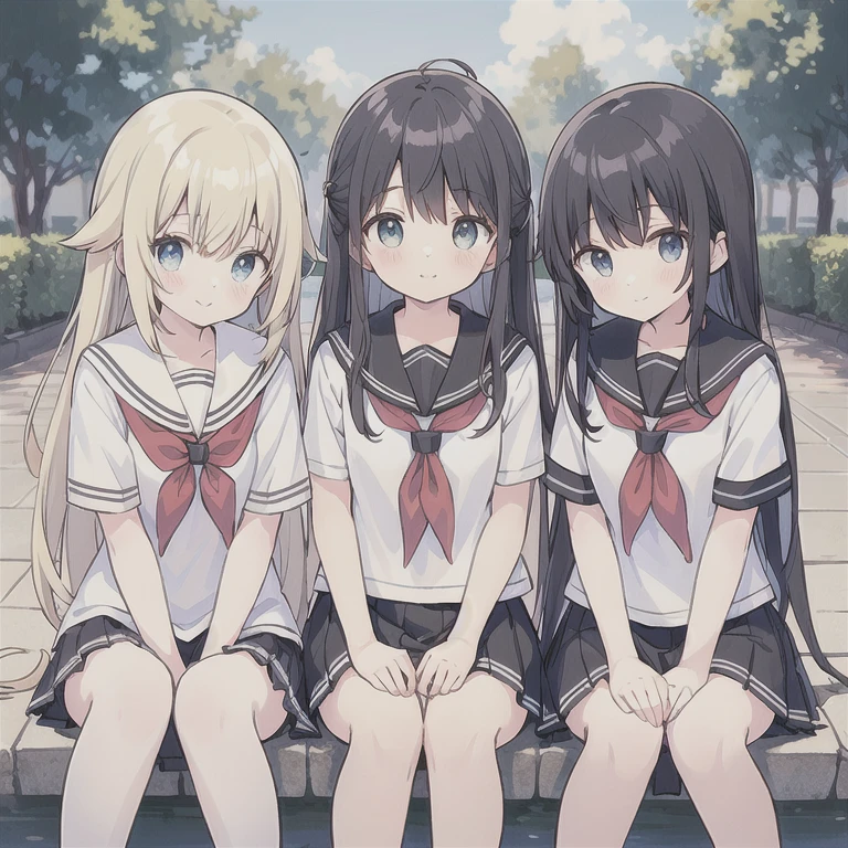 Three Girls, serafuku, Pleated skirt, Sitting, Tilt your head, I'll be there for you, Sleep, close your eyes, Shopping bag, fake mouse ears headband, Hug a stuffed toy, train, night,