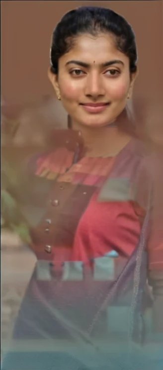 ultrarealistic hires close up photo of a 30-year-old sai pallavi woman, outdoors, realistic skin texture, looking looking at camera, high collar intricate (kurta, Jeans:1.2), tied hair, smiling, beautiful bokeh background