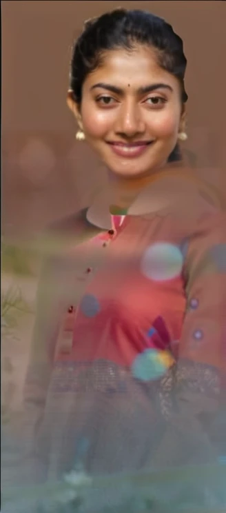 ultrarealistic hires close up photo of a 30-year-old sai pallavi woman, outdoors, realistic skin texture, looking looking at camera, high collar intricate (kurta, Jeans:1.2), tied hair, smiling, beautiful bokeh background