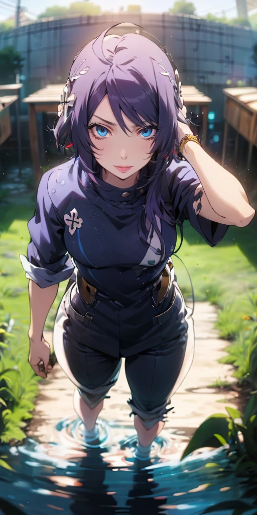 MC, ahoge, (long hari, purple hair:1.3), hair ornament, dark-blue eyes, anatomically correct, heavy breathing, mature female, masterpiece, high quality, high details, highres, HD, thigh, tick, torn, water drop, dusty, haori, pants, obi, standing, field, geta, from above, fisheye, (bokeh :1.3)